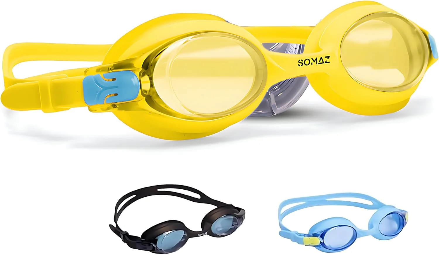 عینک شنا کودکانه SOMAZ - ضد بخار، محافظت UV 400، سیلیکونی، مناسب برای کودکان 3 تا 13 سال - موجود در رنگ های مشکی، آبی، زرد