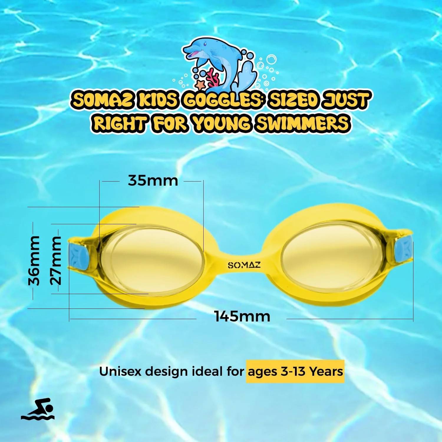 عینک شنا کودکانه SOMAZ - ضد بخار، محافظت UV 400، سیلیکونی، مناسب برای کودکان 3 تا 13 سال - موجود در رنگ های مشکی، آبی، زرد عینک شنا کودکانه SOMAZ - ضد بخار، محافظت UV 400، سیلیکونی، مناسب برای کودکان 3 تا 13 سال - موجود در رنگ های مشکی، آبی، زرد