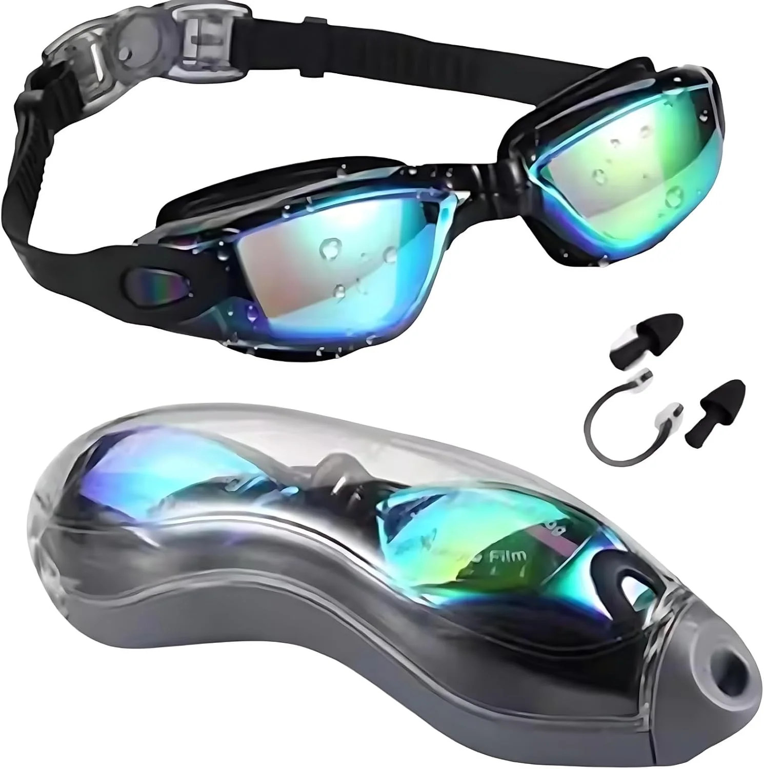 عینک شنا مسابقه ای برای بزرگسالان – ضد بخار، محافظت در برابر اشعه ماوراء بنفش به همراه گیره بینی و گوش گیر – عینک شنا ضد آب تابستانی