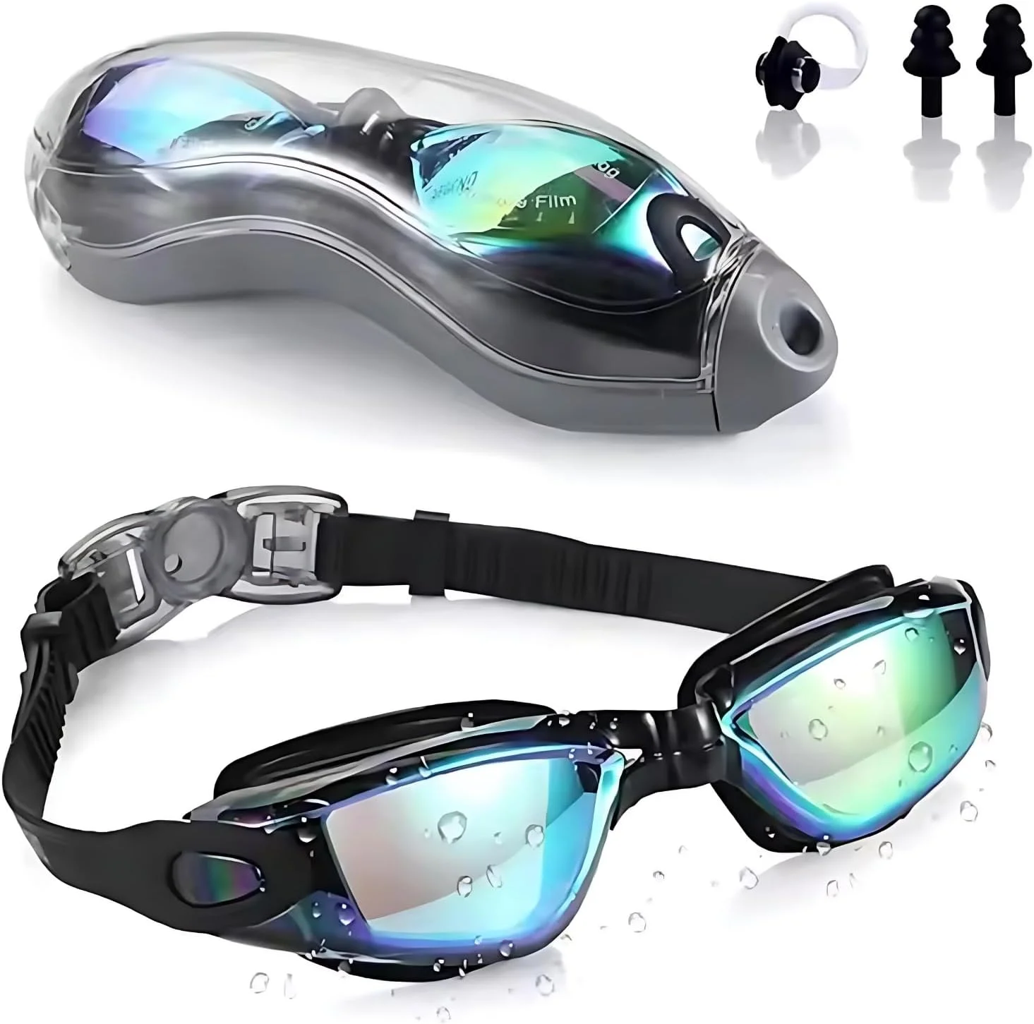عینک شنا مسابقه ای برای بزرگسالان – ضد بخار، محافظت در برابر اشعه ماوراء بنفش به همراه گیره بینی و گوش گیر – عینک شنا ضد آب تابستانی