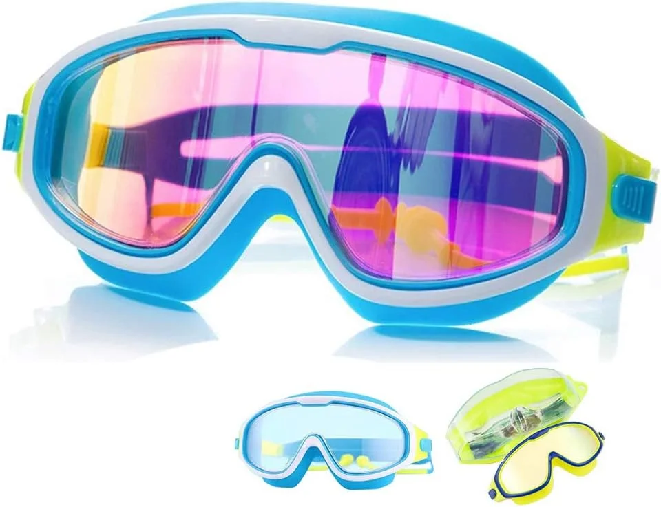 عینک شنا کودکان (سنین 3-14 سال) بدون نشتی، دید واضح، ضد بازتاب نور، ضد مه، محافظ UV، فریم سیلیکونی نرم، بند قابل تنظیم به همراه گوش گیر