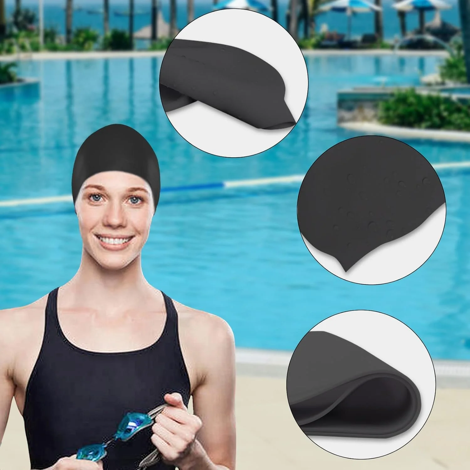 ست 2 عددی کلاه شنا سیلیکونی، کلاه شنا ضد آب، بافت ضد لغزش، طراحی بزرگ برای موهای ضخیم، مناسب بزرگسالان با موهای فر و بافته