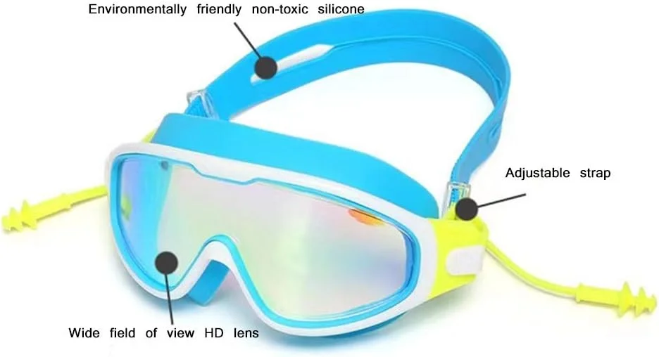 عینک شنا کودکان (سنین 3-14 سال) بدون نشتی، دید واضح، ضد بازتاب نور، ضد مه، محافظ UV، فریم سیلیکونی نرم، بند قابل تنظیم به همراه گوش گیر عینک شنا کودکان (سنین 3-14 سال) بدون نشتی، دید واضح، ضد بازتاب نور، ضد مه، محافظ UV، فریم سیلیکونی نرم، بند قابل تنظیم به همراه گوش گیر
