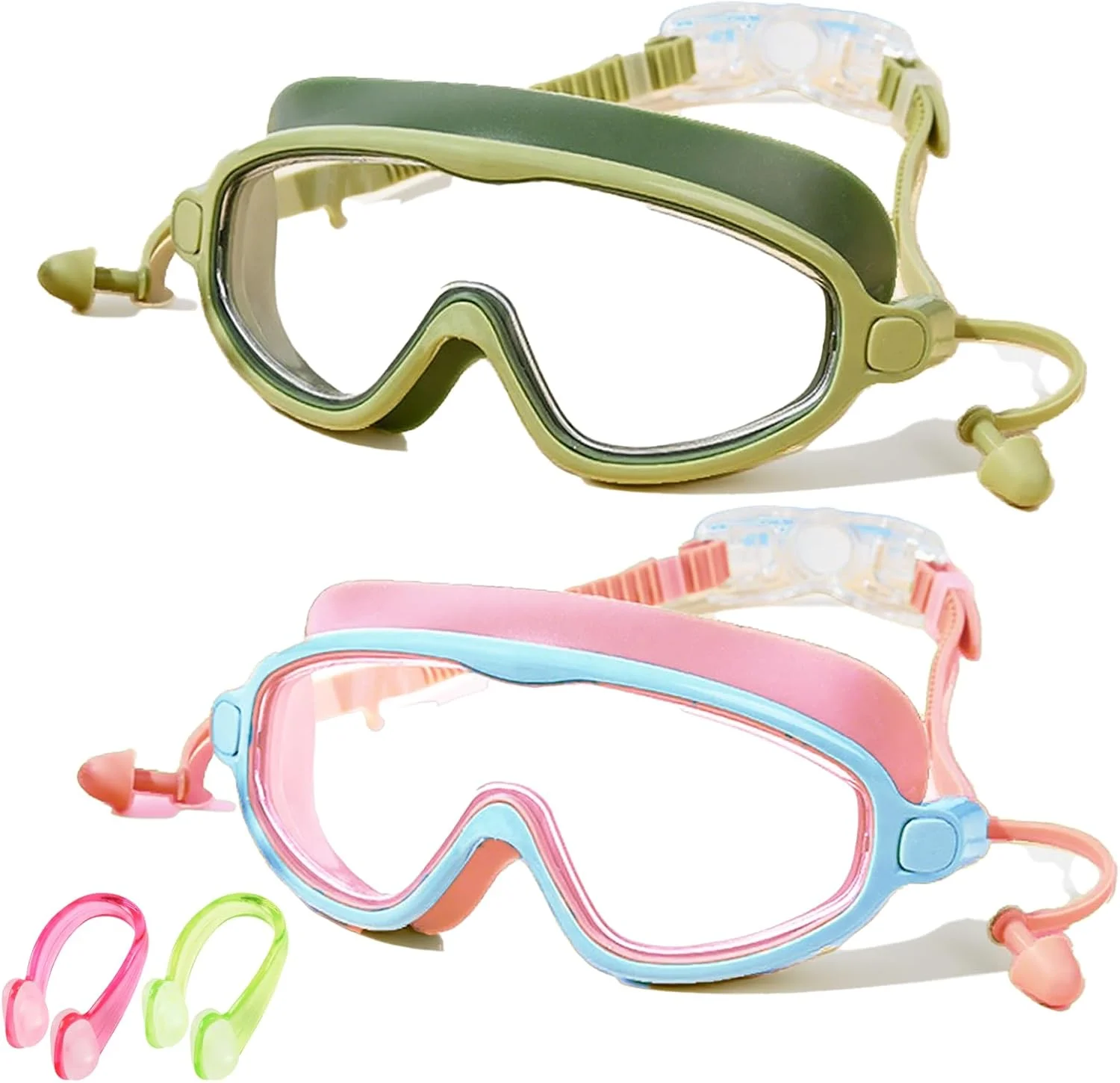 عینک شنای کودکانه SAHRI، بسته 2 عددی، ضد بخار، ضد اشعه ماوراء بنفش، دید گسترده، مناسب برای کودکان 3 تا 15 سال (صورتی و سبز)