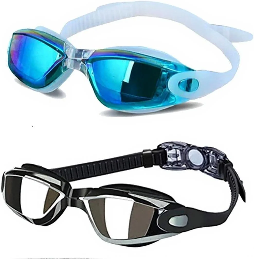 عینک شنا (بسته 2 عددی) - عینک شنای حرفه ای برای مردان، زنان و کودکان | ضد بخار، بدون نشتی، محافظت در برابر اشعه ماوراء بنفش، دید گسترده | بند سیلیکونی نرم قابل تنظیم