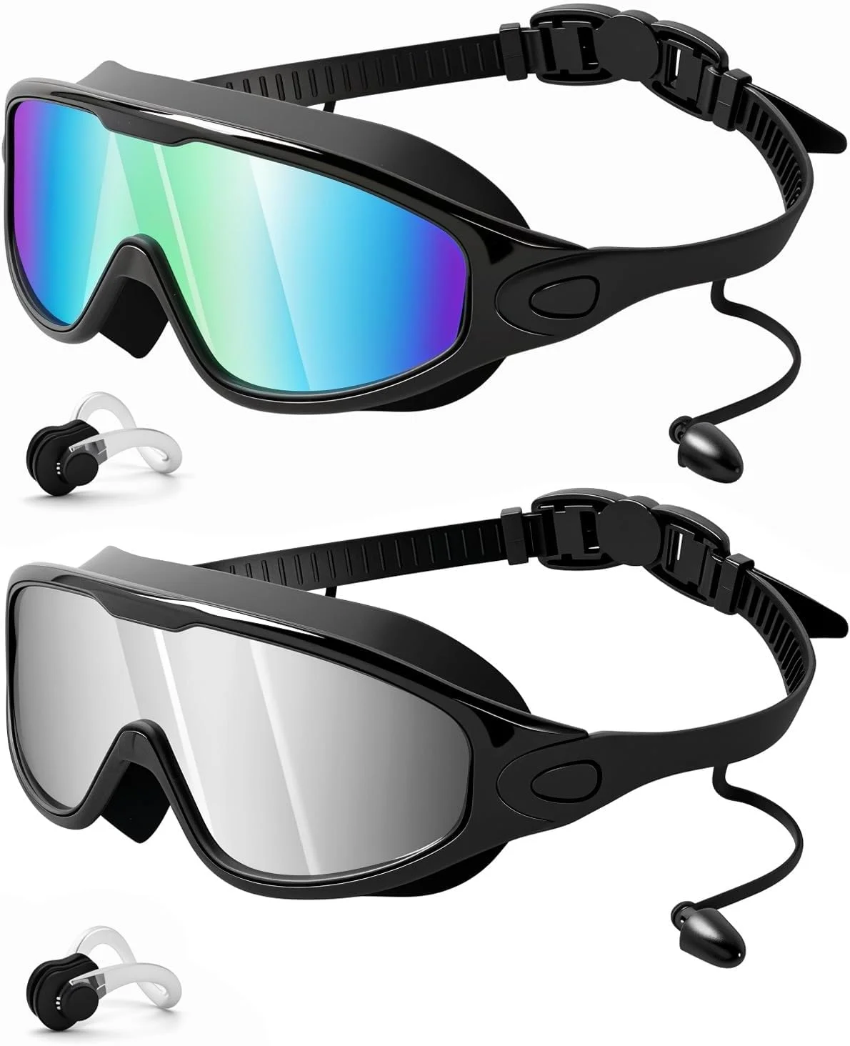 عینک شنا رنتیزون، بسته 2 عددی، دید عریض قابل تنظیم، ضد بخار و UV، بدون نشتی، مناسب آقایان، بانوان و جوانان، رنگ های آبی و نقره ای روشن