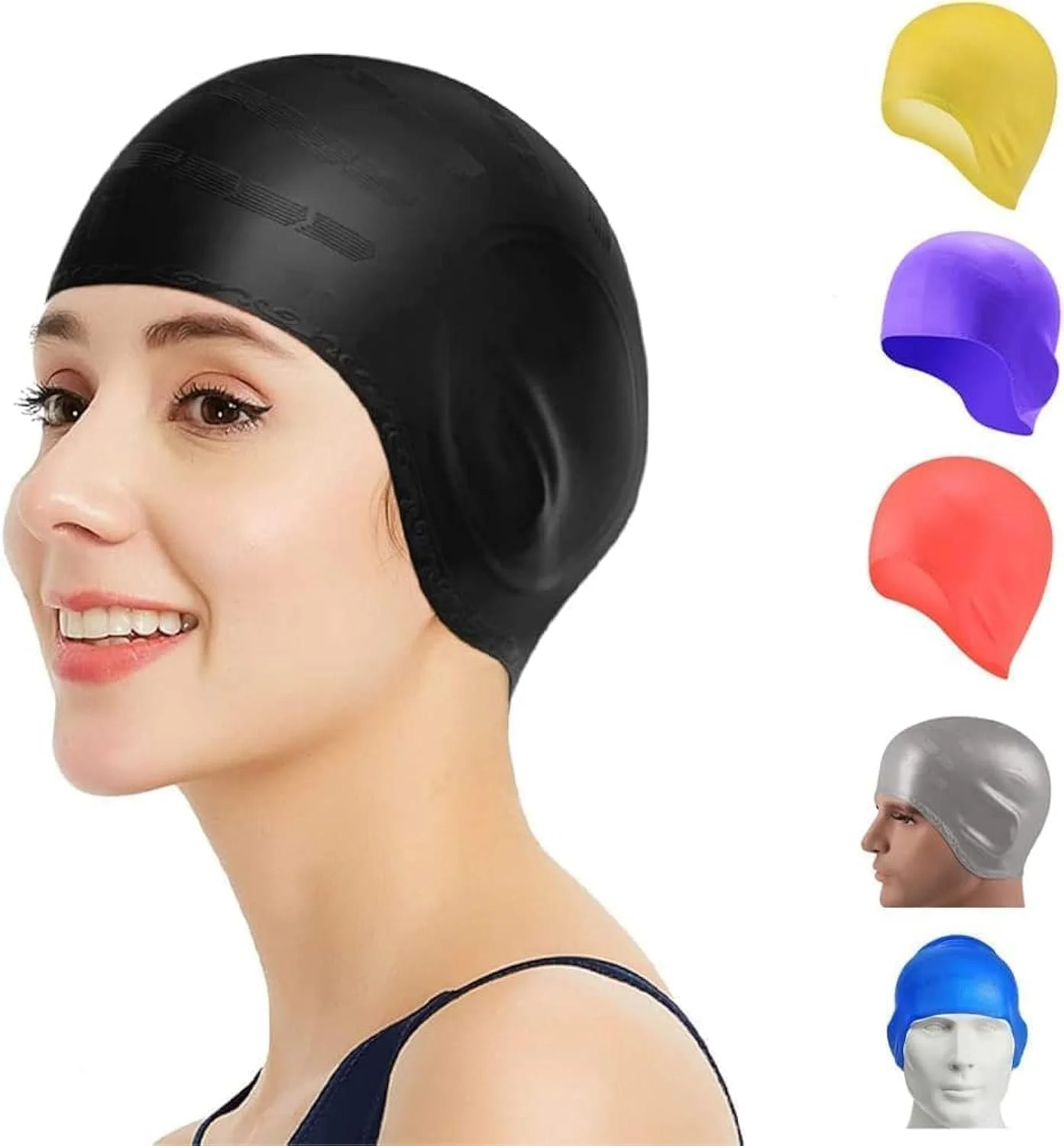 کلاه شنا سیلیکونی سه بعدی محافظ گوش نرم موی بلند بادوام SHOWAY برای زنان و مردان (مشکی)