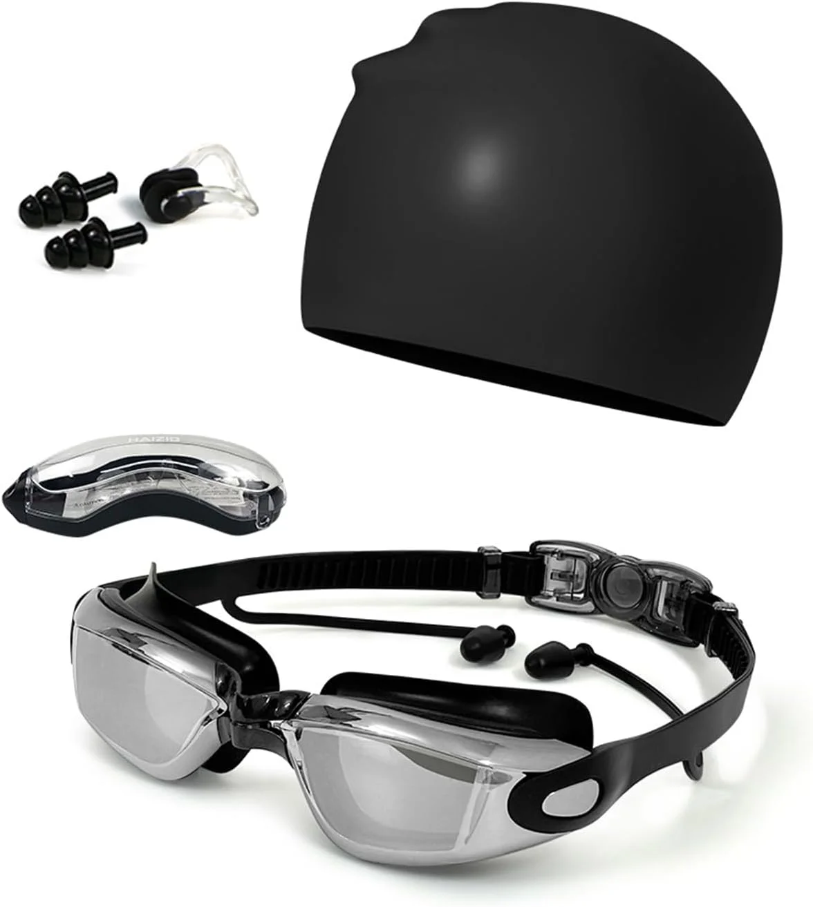 عینک شنا مشکی، دید گسترده، ضد بخار، محافظت UV به همراه گیره بینی، گوش گیر و کلاه شنا مناسب بزرگسالان