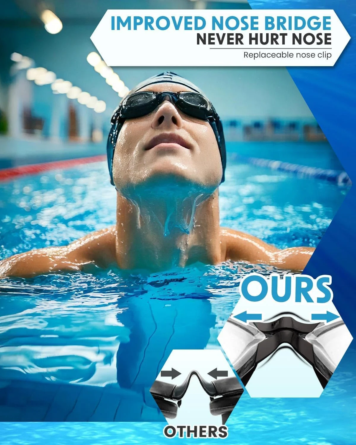 عینک شنا مشکی، دید گسترده، ضد بخار، محافظت UV به همراه گیره بینی، گوش گیر و کلاه شنا مناسب بزرگسالان