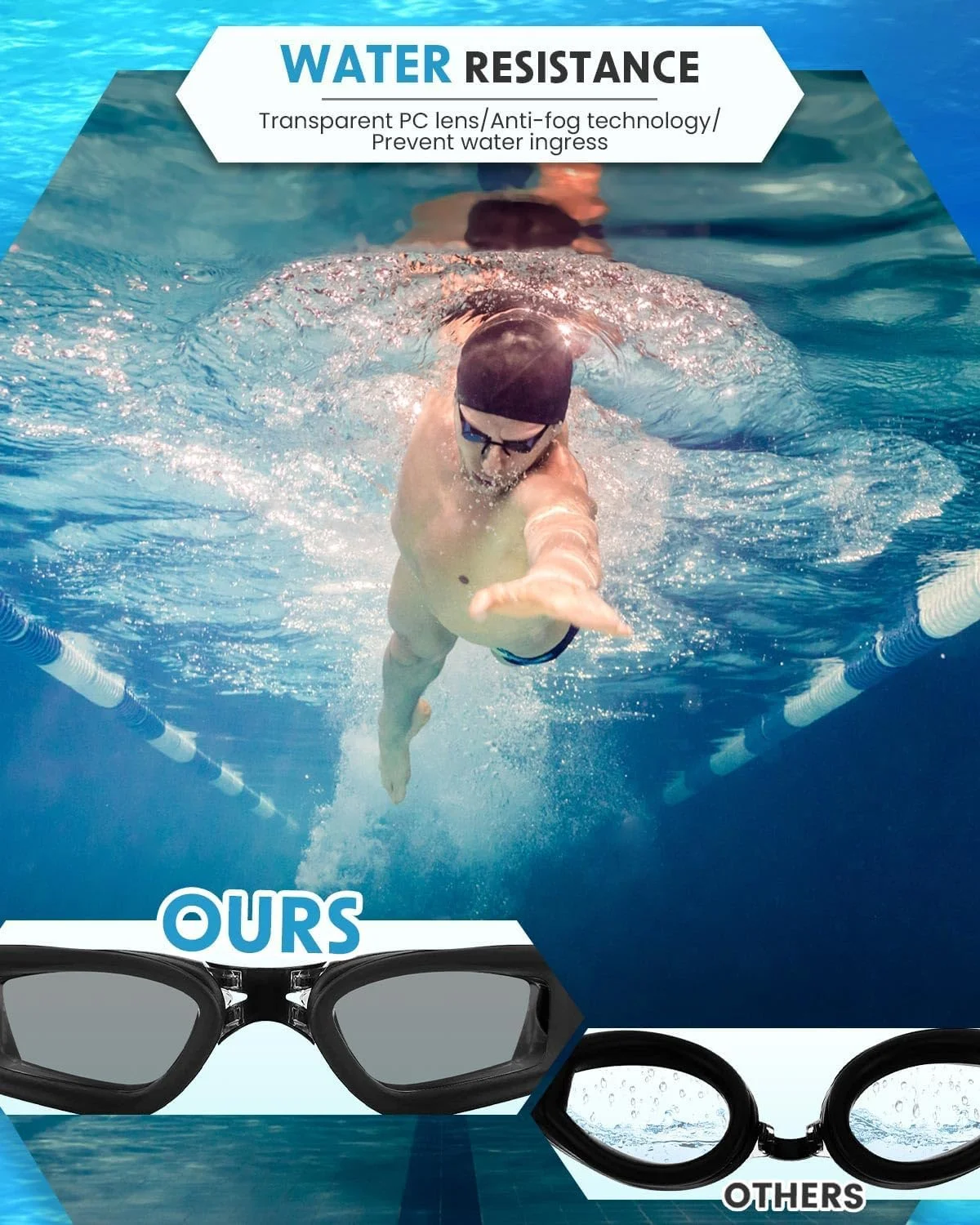 عینک شنا مشکی، دید گسترده، ضد بخار، محافظت UV به همراه گیره بینی، گوش گیر و کلاه شنا مناسب بزرگسالان
