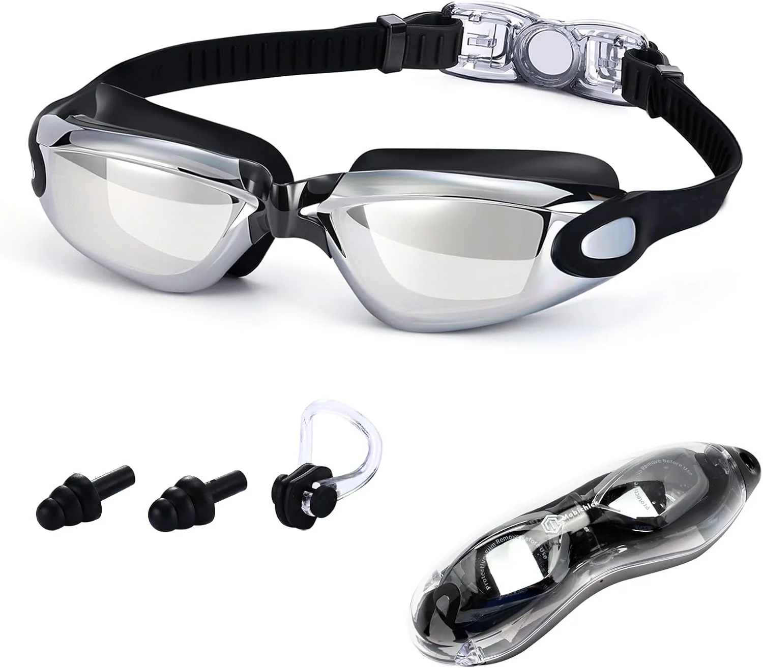 عینک شنا ضد بخار مقاوم در برابر اشعه ماوراء بنفش، دید واضح و گسترده، بدون نشتی، بند قابل تنظیم، جنس سیلیکون ضد آب، عینک شنا برای مردان، زنان، کودکان، بزرگسالان و جوانان به همراه گیره بینی + گوش گیر و جعبه عینک.