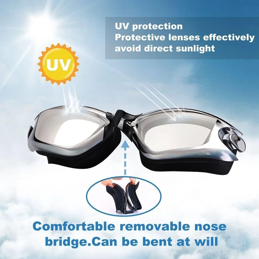 عینک شنا ضد بخار مقاوم در برابر اشعه ماوراء بنفش، دید واضح و گسترده، بدون نشتی، بند قابل تنظیم، جنس سیلیکون ضد آب، عینک شنا برای مردان، زنان، کودکان، بزرگسالان و جوانان به همراه گیره بینی + گوش گیر و جعبه عینک.