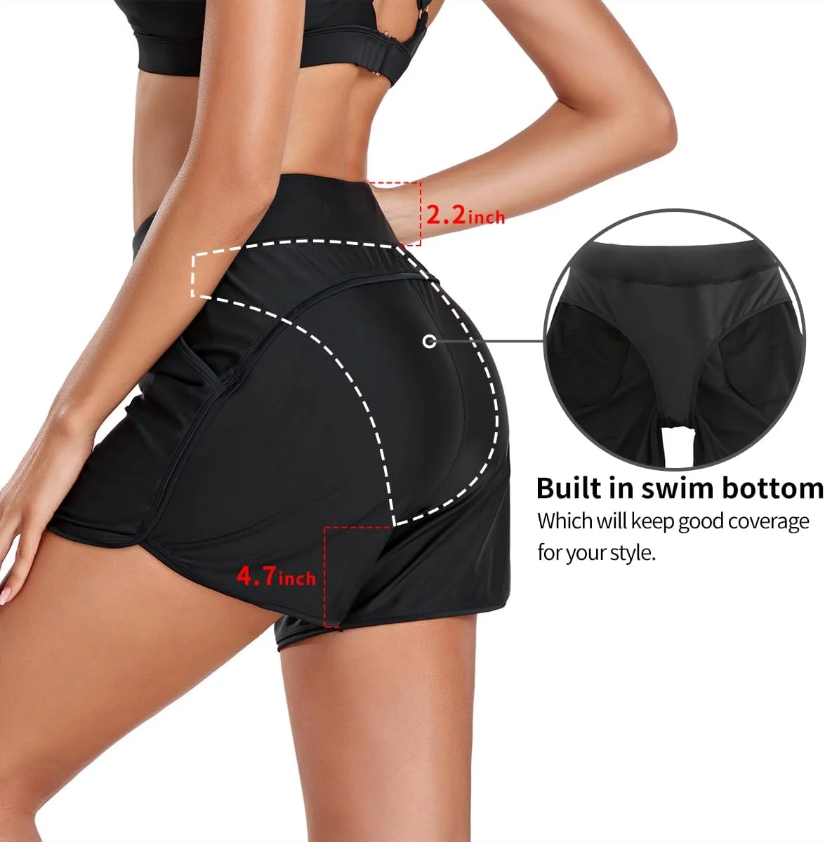 شورت شنا زنانه کمر بلند با جیب، محافظت در برابر اشعه ماوراء بنفش