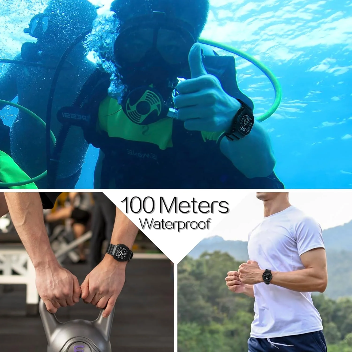 ساعت مچی ورزشی مقاوم در برابر آب تا 10 اتمسفر مناسب شنا و غواصی، با عملکردهای ساعت زنگ دار، کرنومتر، تایمر، شمارش معکوس، زمان دوگانه و تقویم، قابل تغییر بین فرمت 12 و 24 ساعته