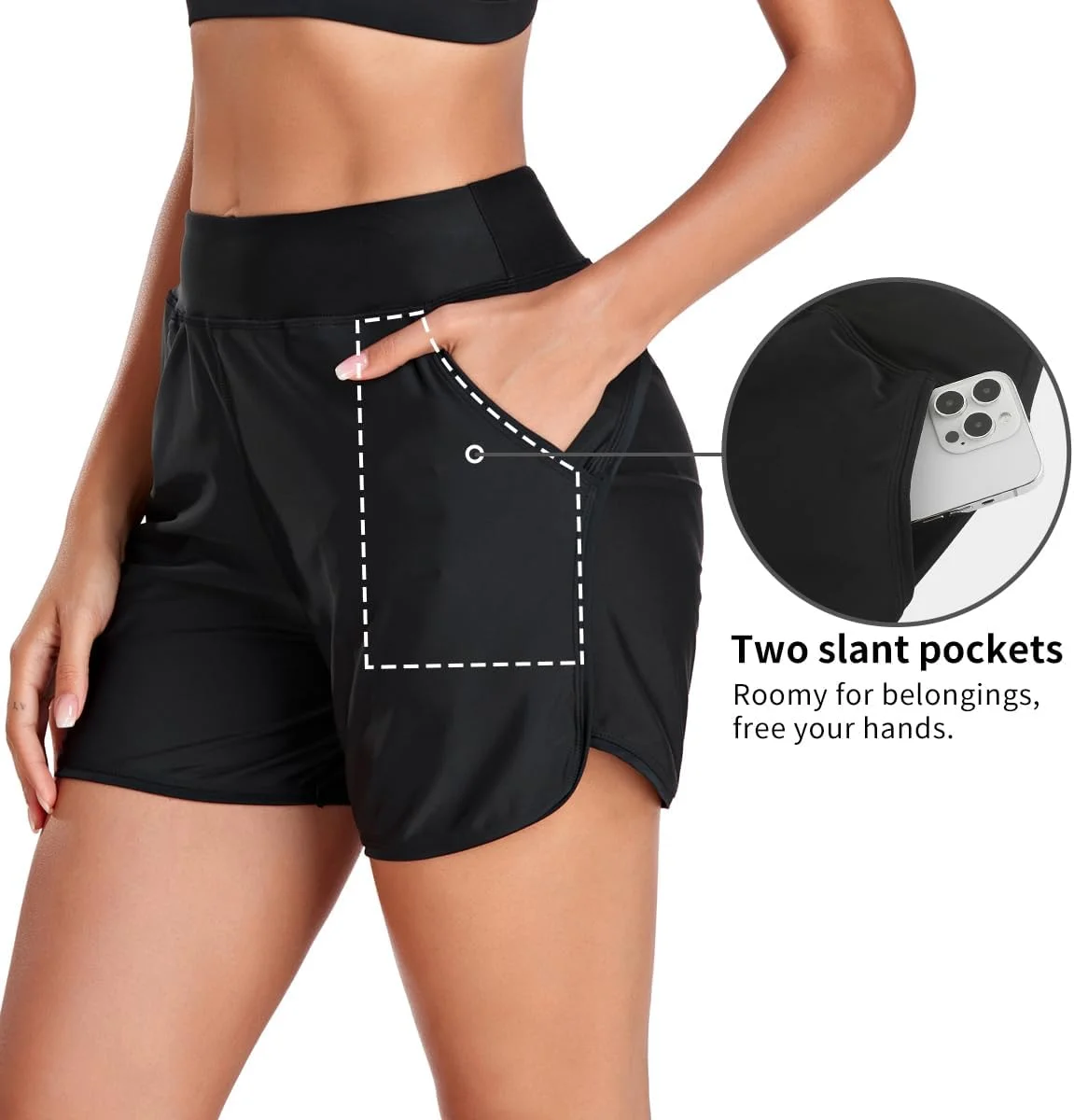 شورت شنا زنانه کمر بلند با جیب، محافظت در برابر اشعه ماوراء بنفش