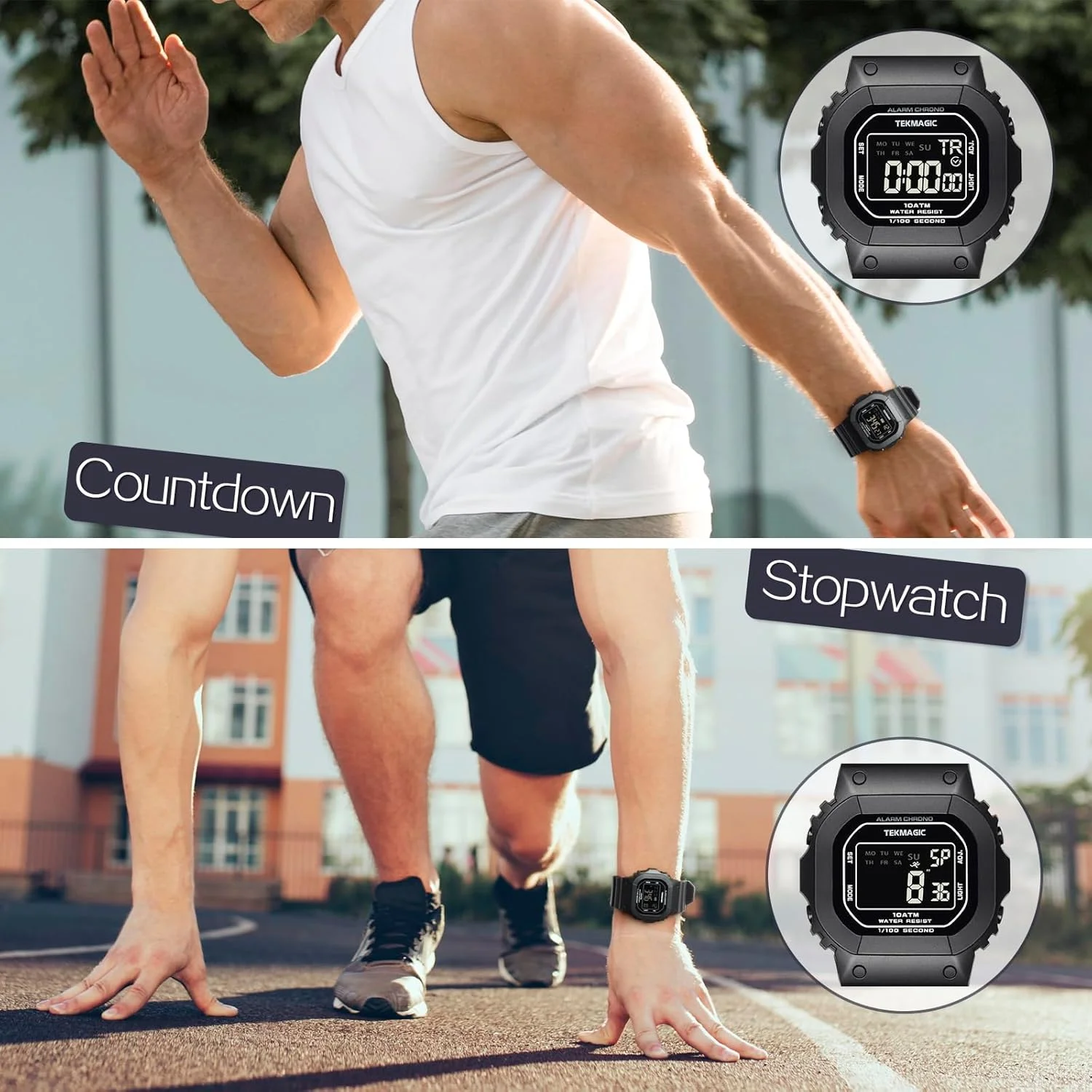 ساعت مچی ورزشی مقاوم در برابر آب تا 10 اتمسفر مناسب شنا و غواصی، با عملکردهای ساعت زنگ دار، کرنومتر، تایمر، شمارش معکوس، زمان دوگانه و تقویم، قابل تغییر بین فرمت 12 و 24 ساعته