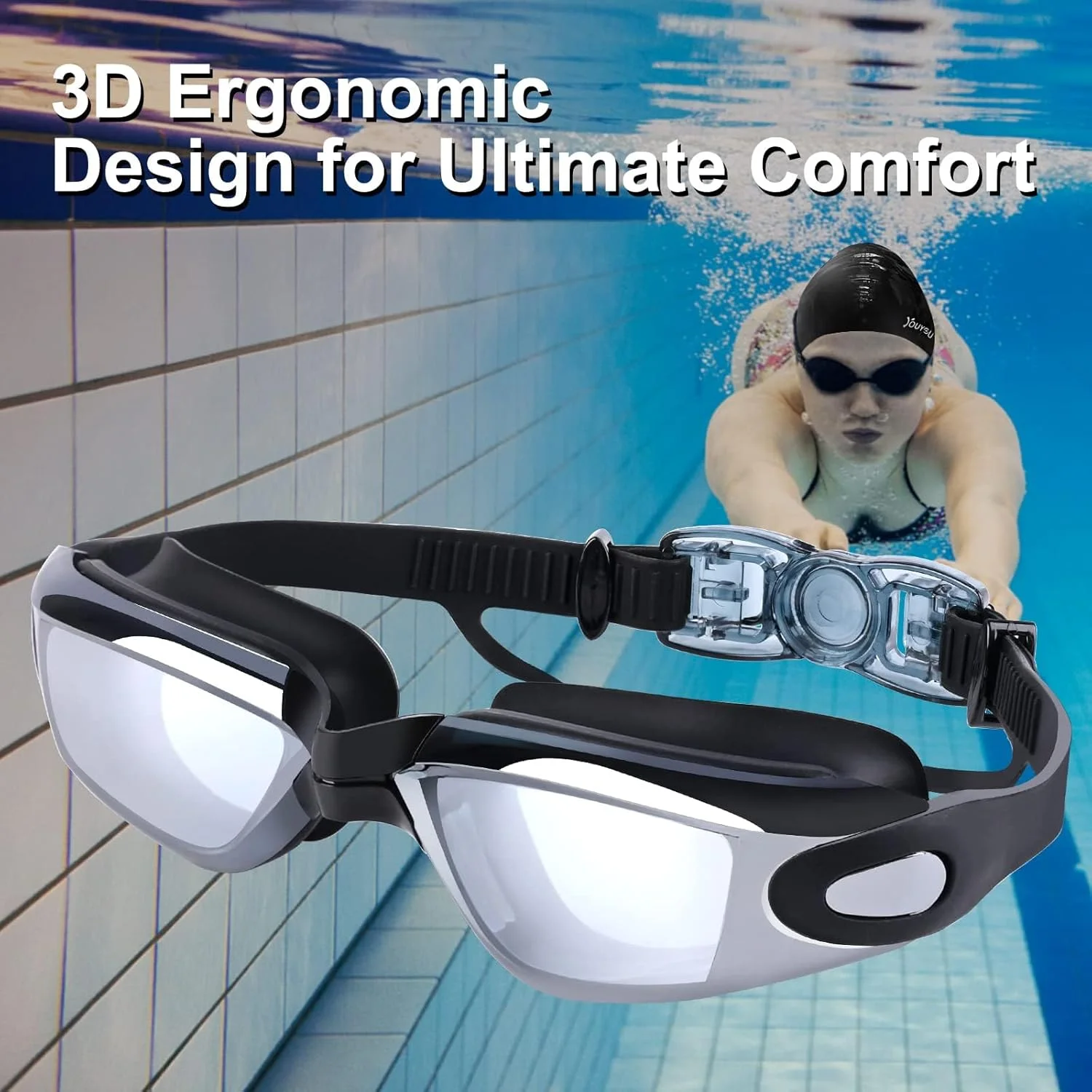 عینک شنا PINKE، ست عینک استخر مشکی ضد نشت، ضد بخار، محافظت UV به همراه گیره بینی، گوش گیر و کلاه شنا برای بزرگسالان، مردان، زنان و جوانان