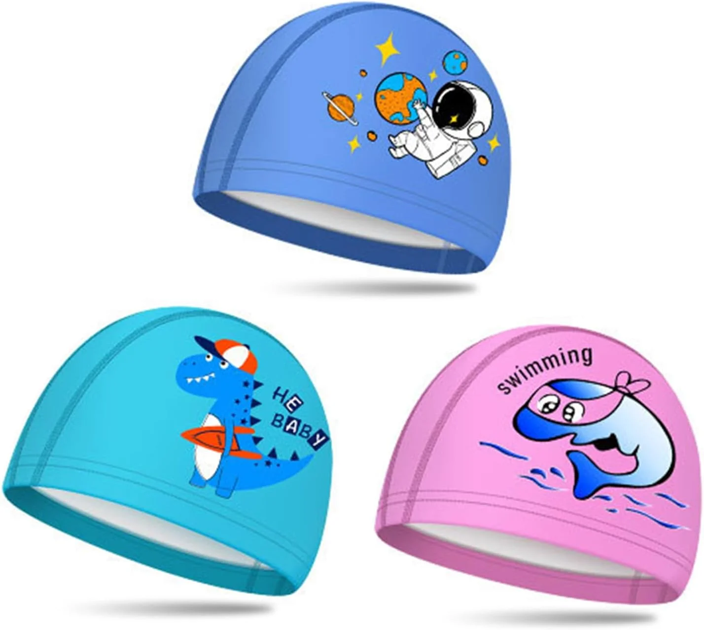 ست ۳ عددی کلاه شنا کودکانه، کلاه شنای استخر ضد لغزش، کلاه شنا با طرح کارتونی زیبا برای پسران و دختران، کلاه حمام الاستیک، محافظ مدل مو، فیت راحت (۵-۱۶ سال)