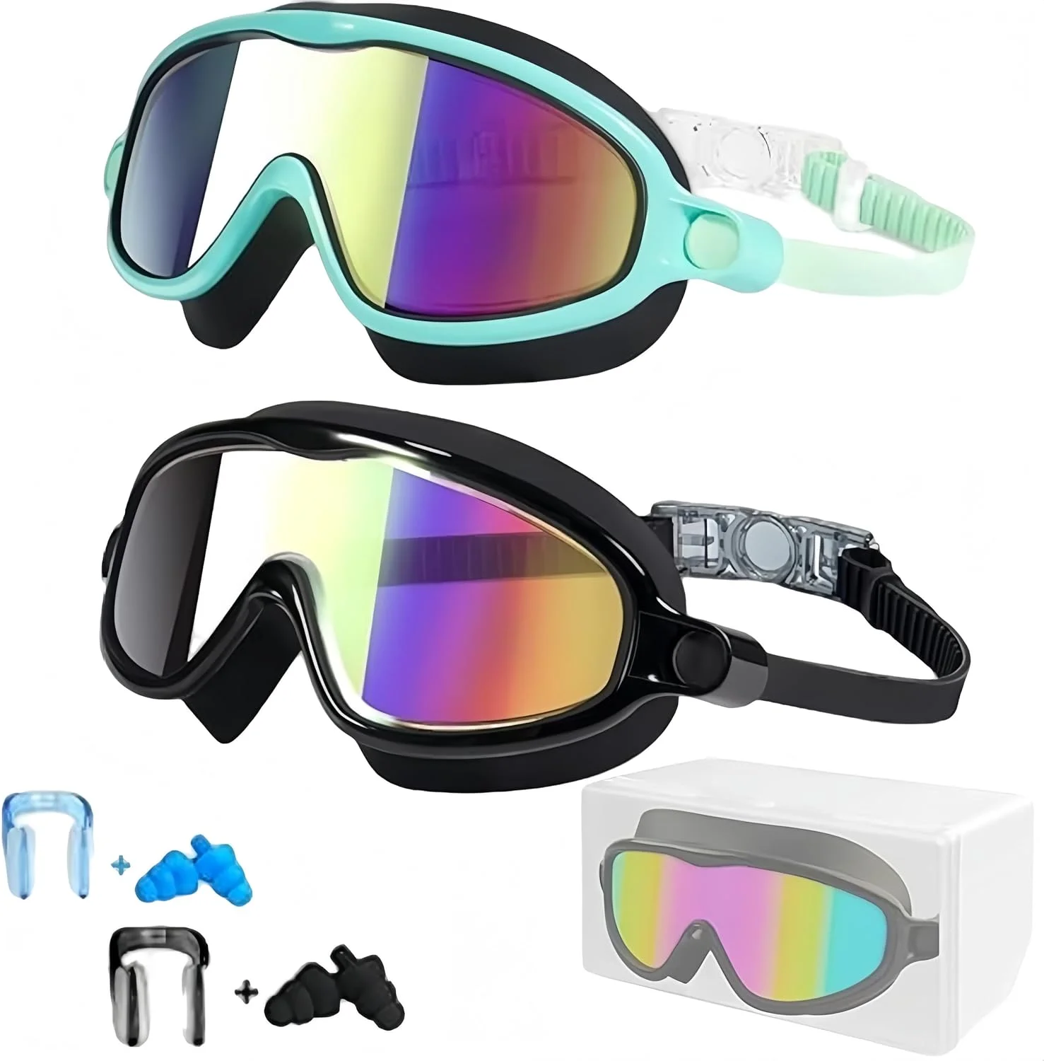 عینک شنای کودک، بسته 2 عددی، دید عریض ضد بخار و UV، بدون نشتی، هدیه تابستانی برای مردان، زنان و کودکان (3-16 سال)، همراه با گیره بینی سیلیکونی، گوش گیر و جعبه محافظ عینک قابل حمل