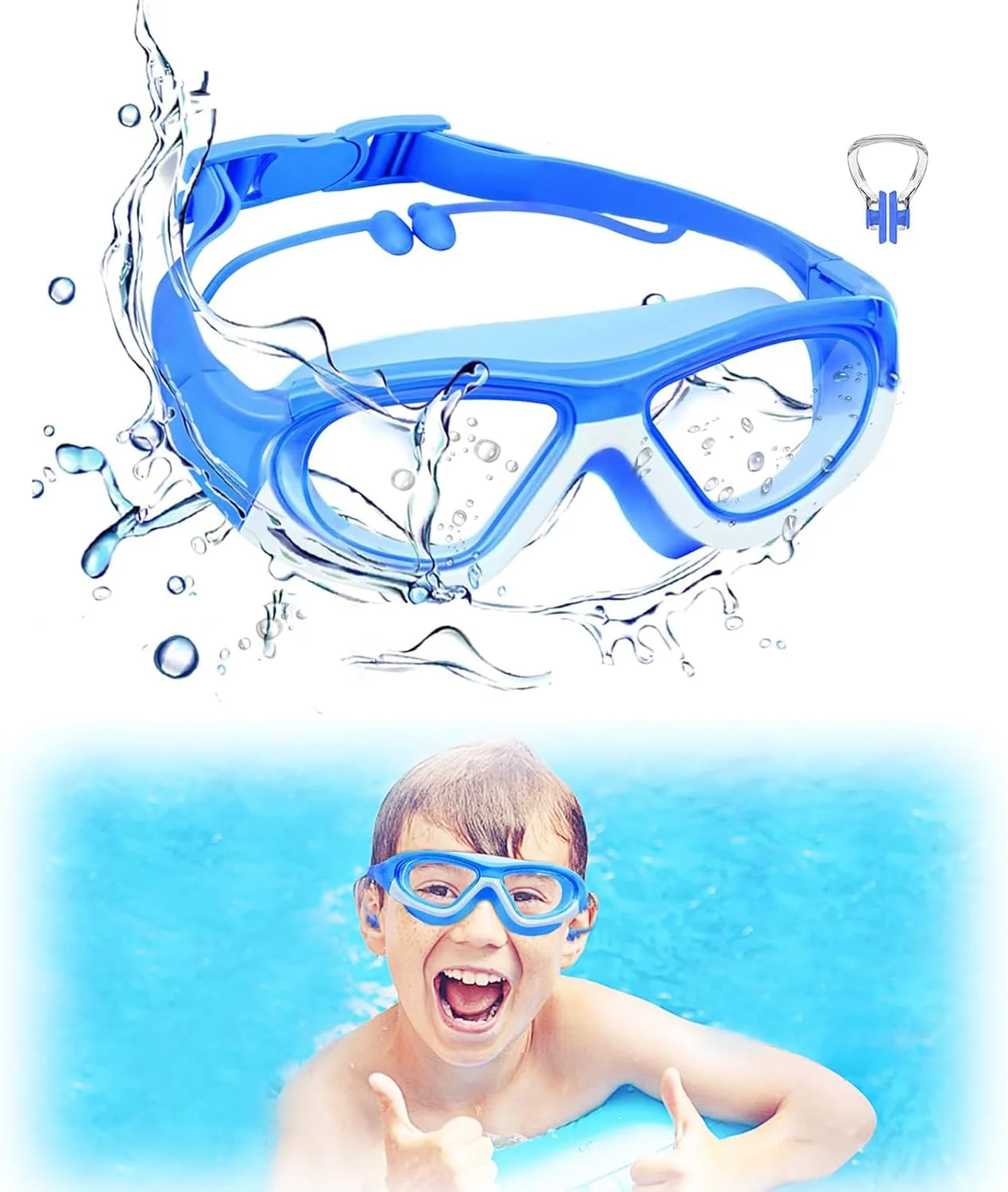 عینک شنا کودک با گیره بینی و گوش گیر سیلیکونی ضد آب یکپارچه، ضد بخار و فریم سیلیکونی نرم بدون نشتی مناسب شنا برای پسران/دختران 3-14 سال، محافظت در برابر اشعه ماوراء بنفش