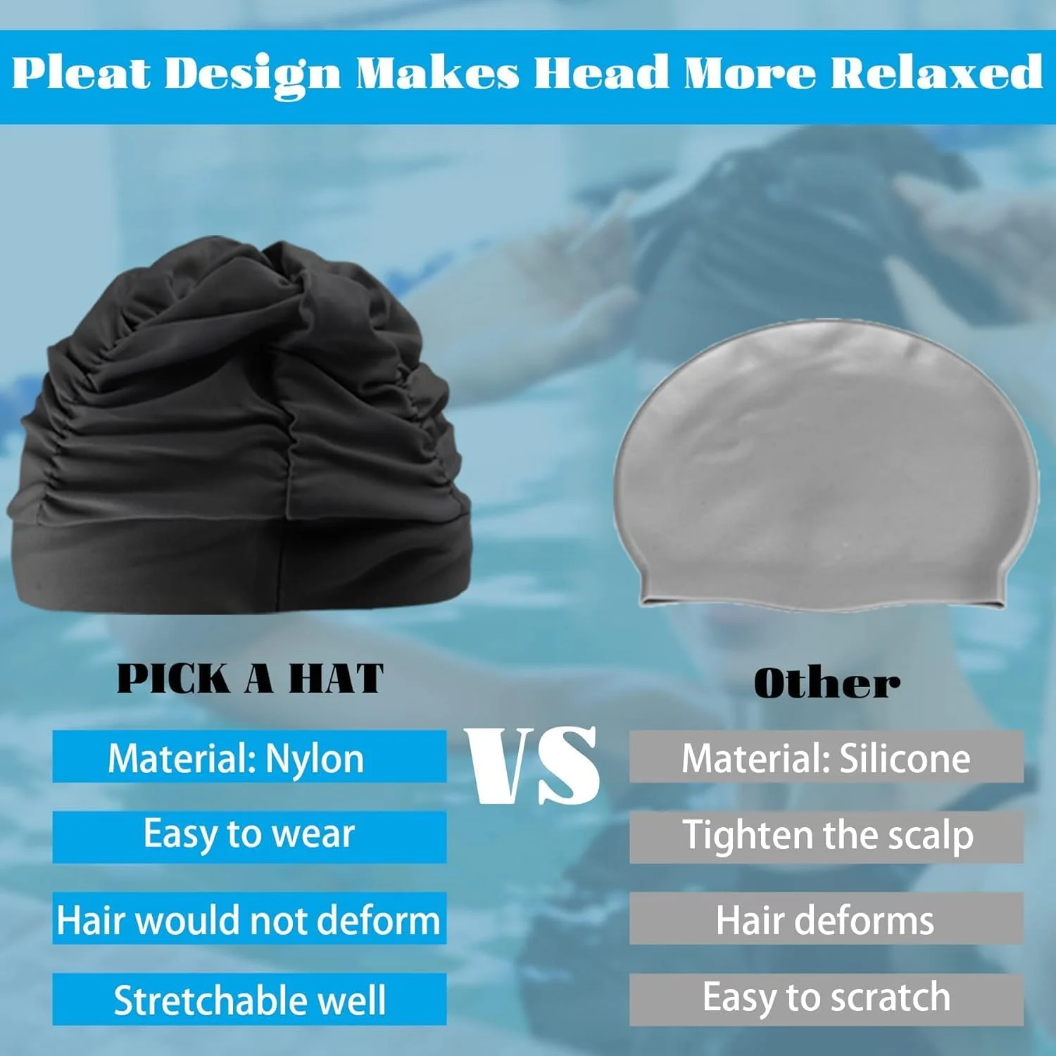 کلاه شنا پارچه ای زنانه NALACAL، 2 عددی - پارچه نایلونی کشسان پلیسه دار، کلاه شنای راحت، ایده آل برای موهای بلند، محافظت از مدل مو