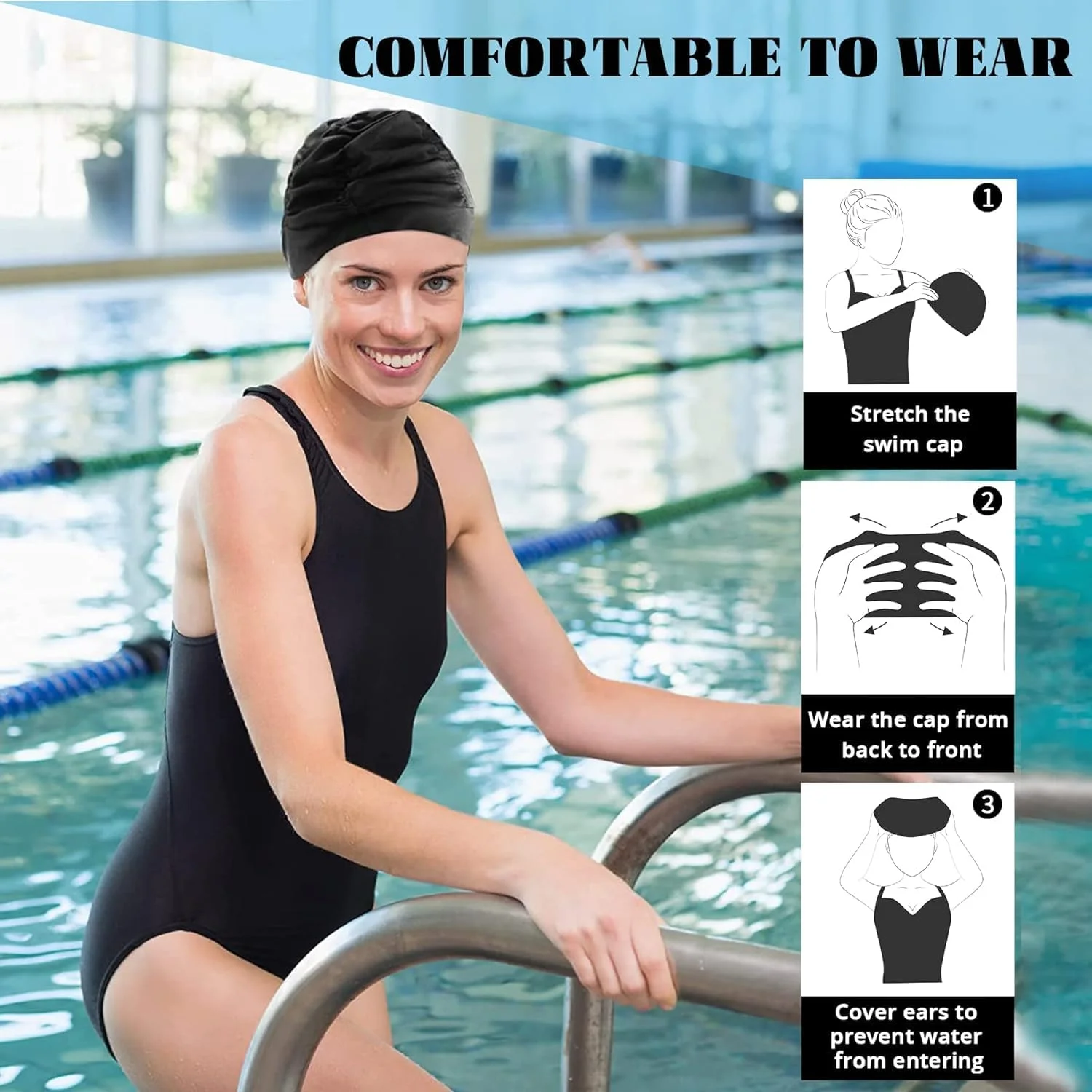 کلاه شنا پارچه ای زنانه NALACAL، 2 عددی - پارچه نایلونی کشسان پلیسه دار، کلاه شنای راحت، ایده آل برای موهای بلند، محافظت از مدل مو