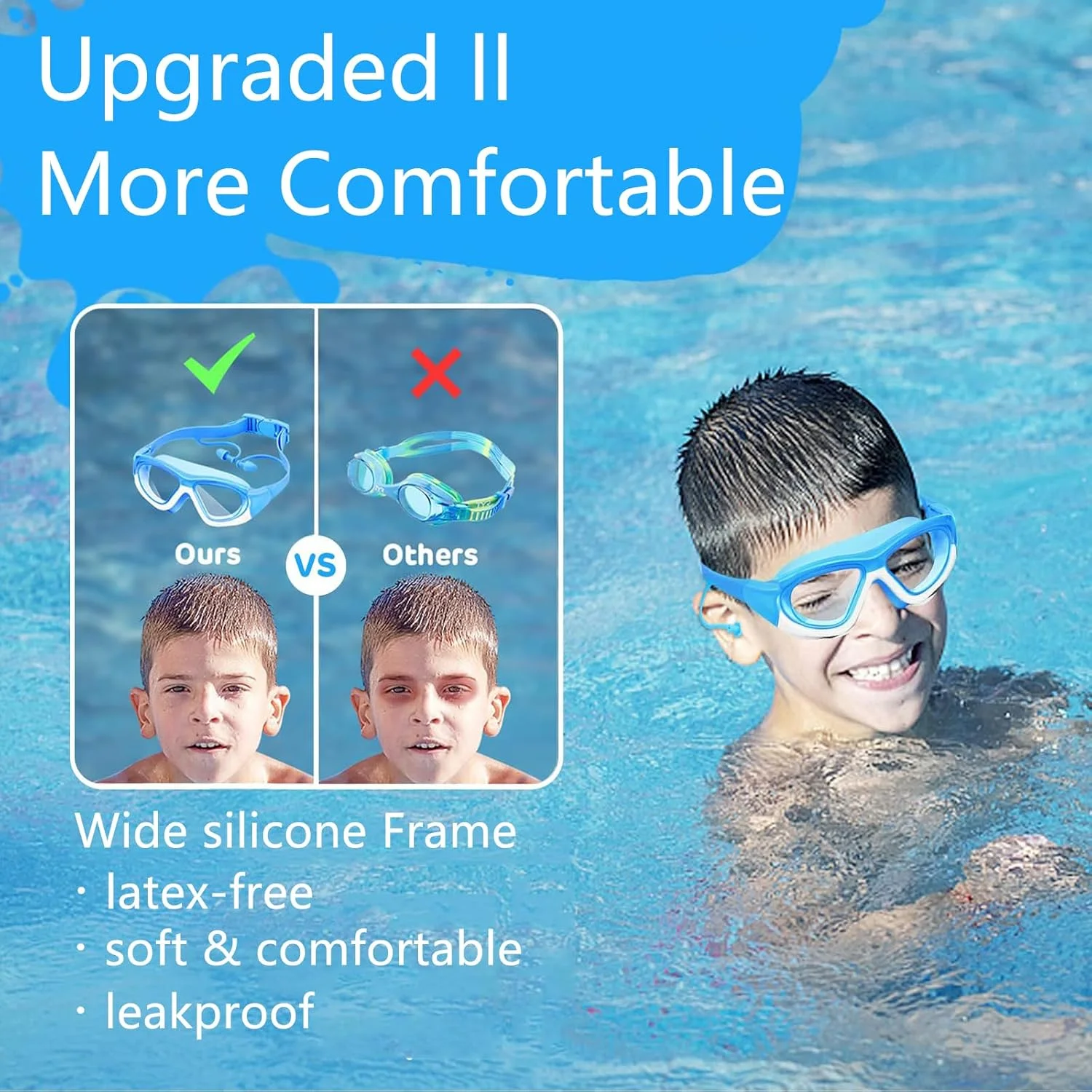 عینک شنا کودک با گیره بینی و گوش گیر سیلیکونی ضد آب یکپارچه، ضد بخار و فریم سیلیکونی نرم بدون نشتی مناسب شنا برای پسران/دختران 3-14 سال، محافظت در برابر اشعه ماوراء بنفش