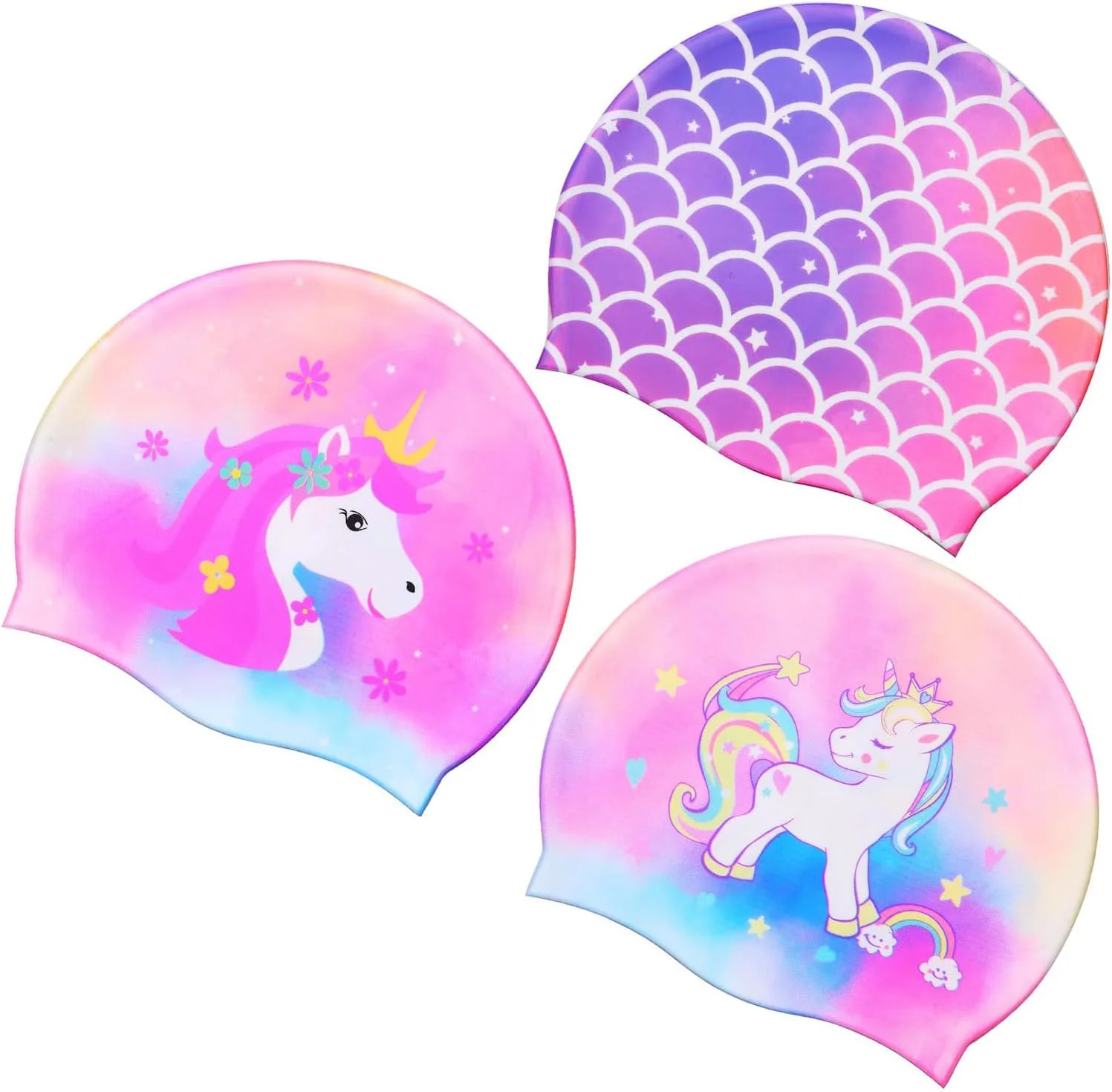 ۳ عدد کلاه شنا کودکانه، کلاه حمام ضد آب کودک، کلاه شنا کارتونی برای موهای بلند و کوتاه پسران و دختران