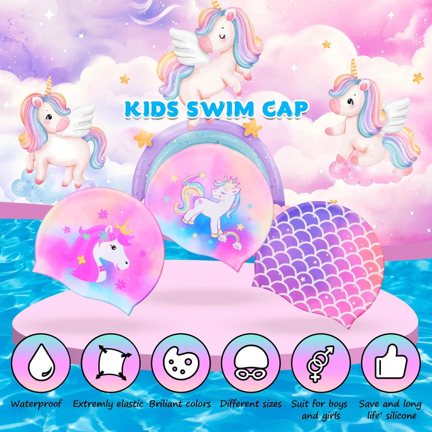 ۳ عدد کلاه شنا کودکانه، کلاه حمام ضد آب کودک، کلاه شنا کارتونی برای موهای بلند و کوتاه پسران و دختران