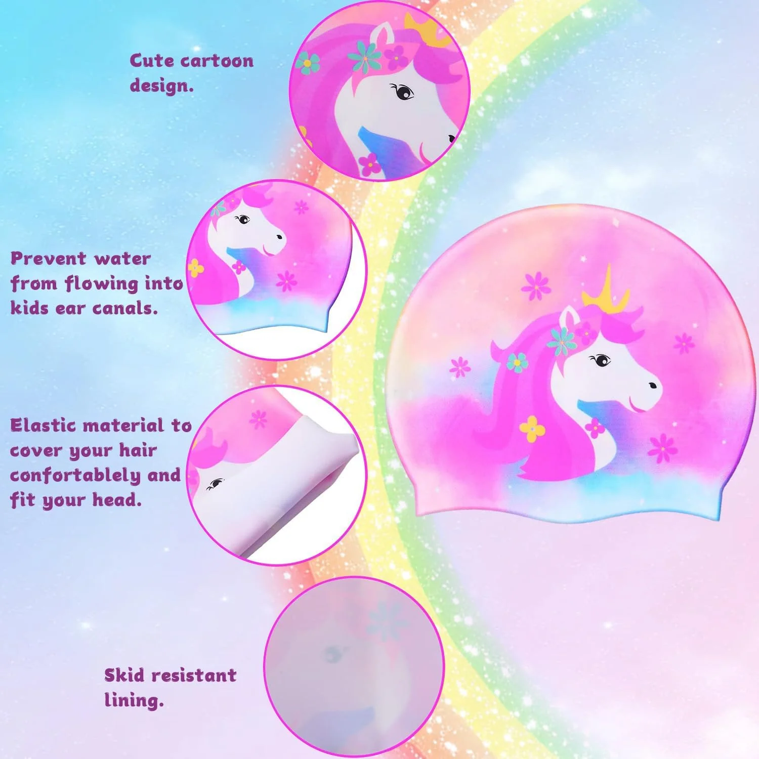 ۳ عدد کلاه شنا کودکانه، کلاه حمام ضد آب کودک، کلاه شنا کارتونی برای موهای بلند و کوتاه پسران و دختران