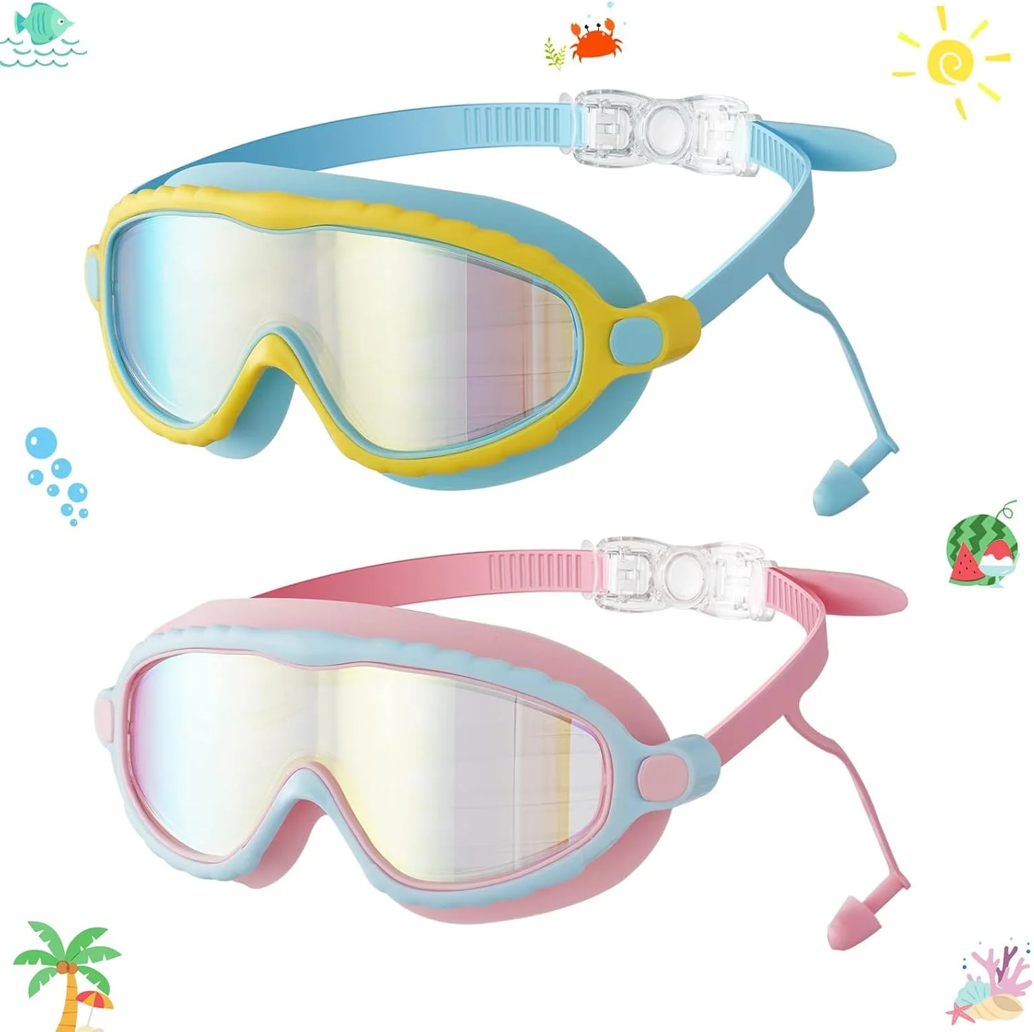 عینک شنا کودک MAKINGTEC، بسته 2 عددی، مناسب سنین 3 تا 14 سال، ضد بخار و بدون نشتی، دید گسترده