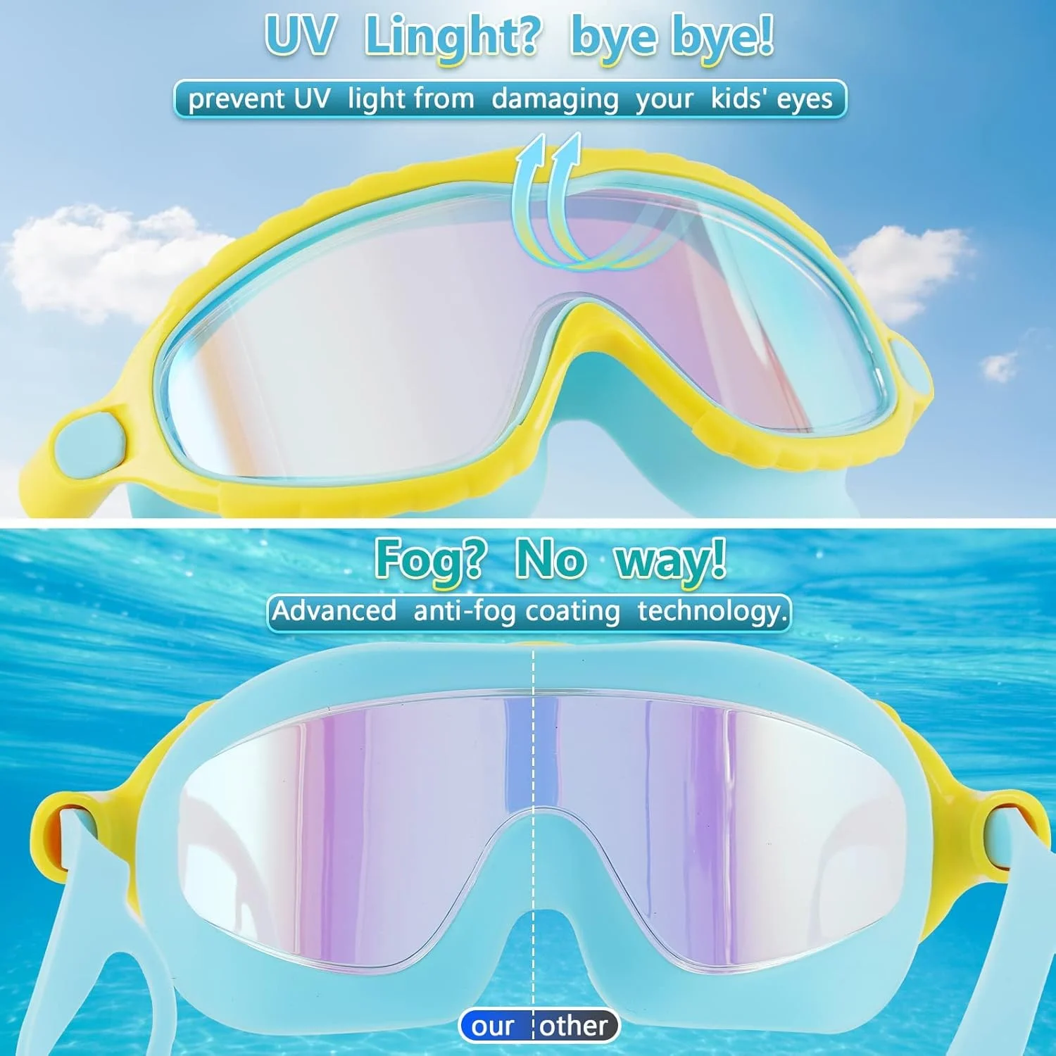 عینک شنا کودک MAKINGTEC، بسته 2 عددی، مناسب سنین 3 تا 14 سال، ضد بخار و بدون نشتی، دید گسترده