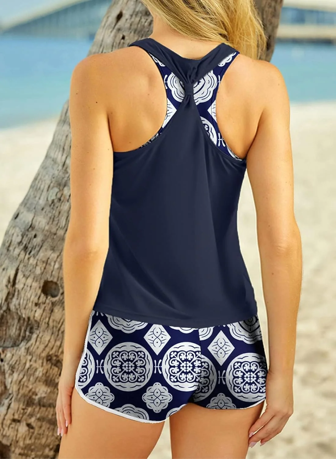 ست مایو تانکینی سه تکه زنانه، تاپ لباس شنا کمر بلند با شورت شنای پسرانه