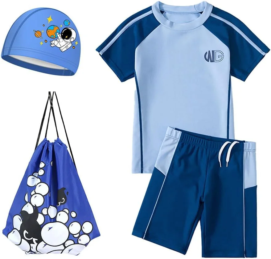 ست لباس شنا پسرانه محافظ در برابر آفتاب با درجه +UPF 50 شامل ۴ تکه (تاپ، شلوارک، کلاه و کیف) مناسب برای پسران ۴ تا ۱۳ سال