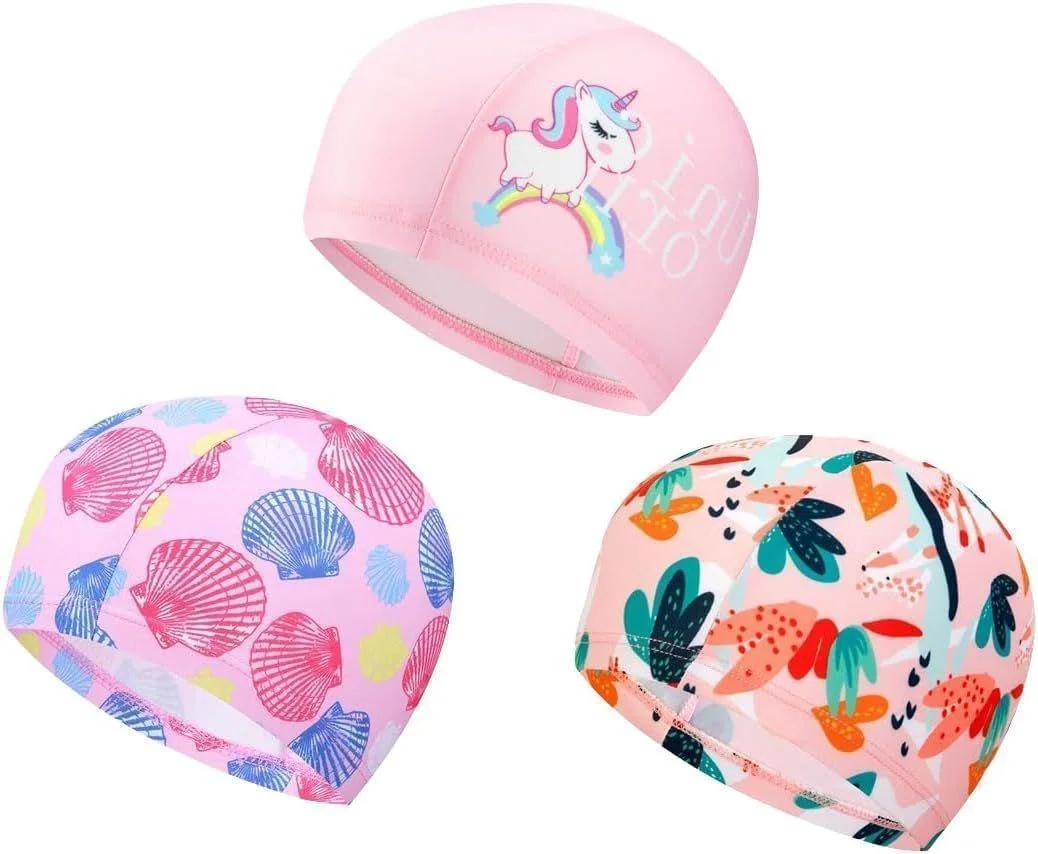 کلاه شنا بچه گانه Lonimia، کلاه شنا پارچه ای، 3 عدد جنس پلی استر نایلون با کشسانی بالا بدون تغییر شکل، تنفس پذیر، راحت، کاربردی، قابل حمل، مناسب برای اکثر پسران و دختران