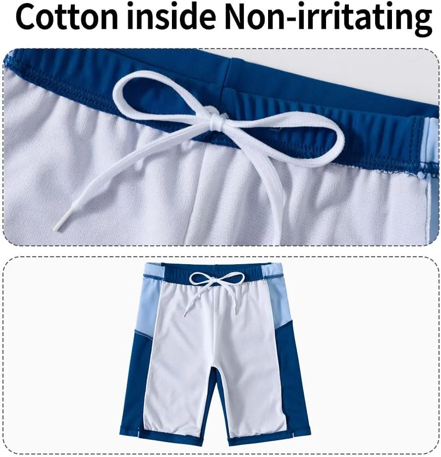 ست لباس شنا پسرانه محافظ در برابر آفتاب با درجه +UPF 50 شامل ۴ تکه (تاپ، شلوارک، کلاه و کیف) مناسب برای پسران ۴ تا ۱۳ سال