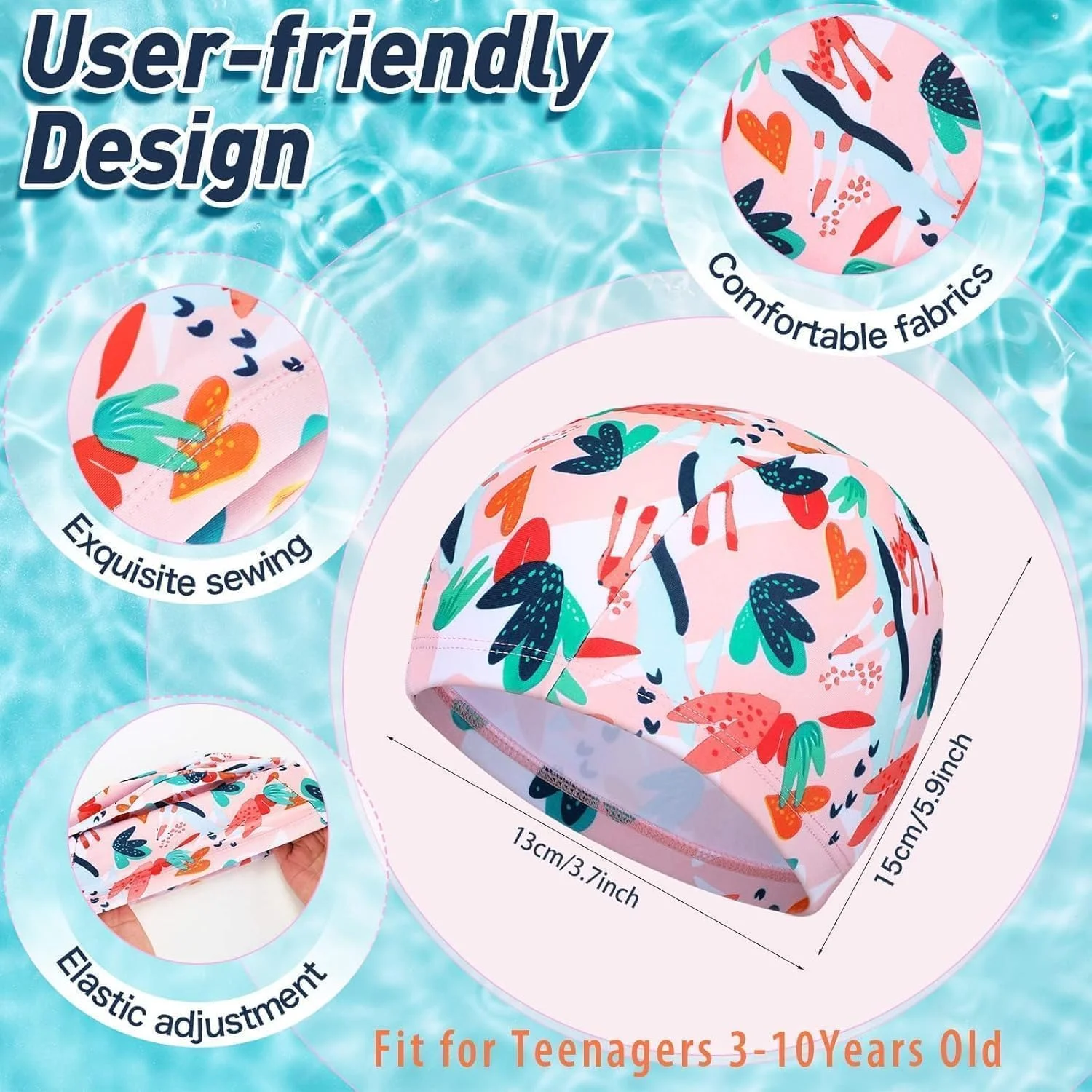 کلاه شنا بچه گانه Lonimia، کلاه شنا پارچه ای، 3 عدد جنس پلی استر نایلون با کشسانی بالا بدون تغییر شکل، تنفس پذیر، راحت، کاربردی، قابل حمل، مناسب برای اکثر پسران و دختران