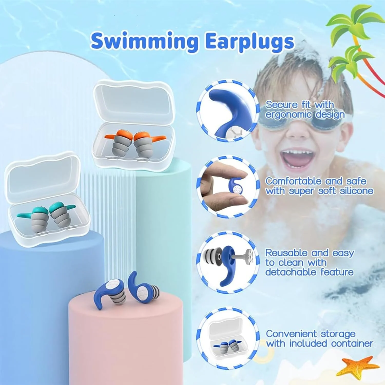گوشی شنا بچگانه در 3 رنگ، 3 جفت گوشی ضد آب شنا، گوشی سیلیکونی نرم و قابل استفاده مجدد برای کودکان 4 تا 12 سال، ایده آل برای موج سواری، غواصی، دوش گرفتن