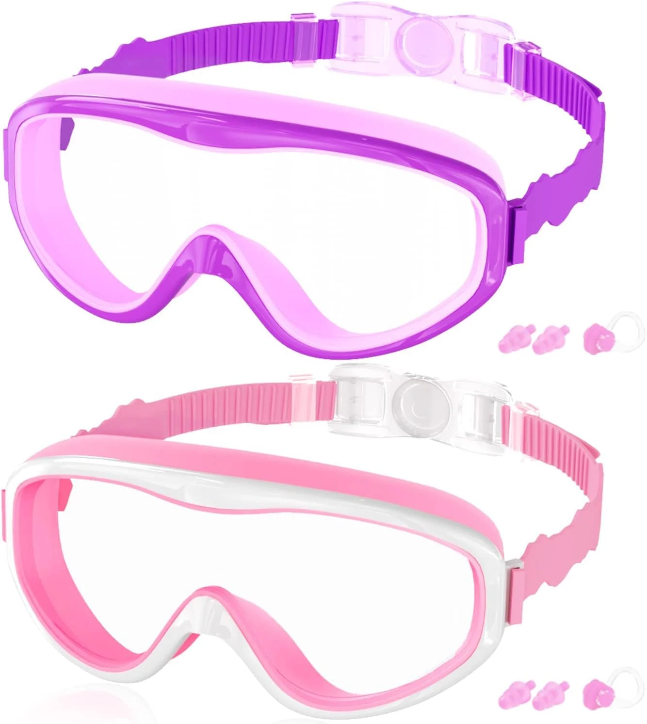 عینک شنا کودکانه مناسب سنین 3 تا 15 سال، عینک شنای استخری قابل تنظیم، عینک شنای دید گسترده کودکانه با پوشش بینی، بدون نشتی، ضد بخار، ضد آب UV (بسته 2 عددی آبی و بنفش)