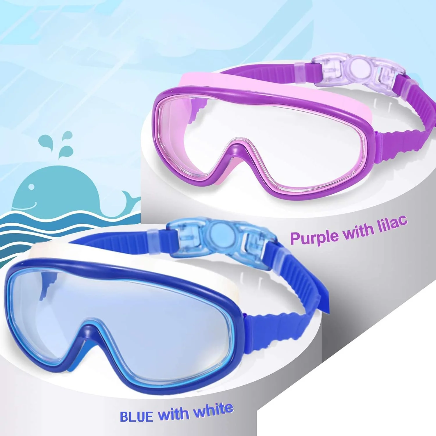 عینک شنا کودکانه مناسب سنین 3 تا 15 سال، عینک شنای استخری قابل تنظیم، عینک شنای دید گسترده کودکانه با پوشش بینی، بدون نشتی، ضد بخار، ضد آب UV (بسته 2 عددی آبی و بنفش)
