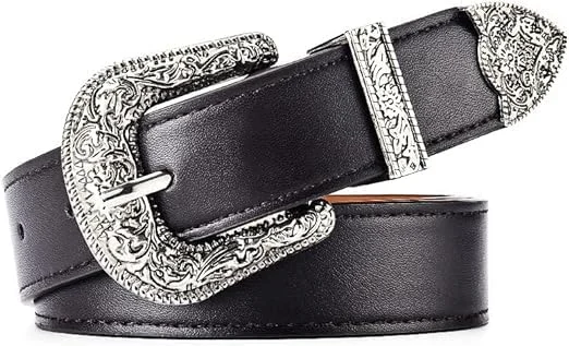 کمربند زنانه با سگک طرح قدیمی، کمربندهای حکاکی شده برای شلوار جین، کمربندهای سبک روستایی برای زنان، 105 سانتی متر مشکی