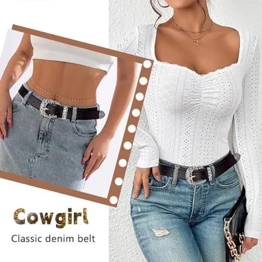 کمربند زنانه با سگک طرح قدیمی، کمربندهای حکاکی شده برای شلوار جین، کمربندهای سبک روستایی برای زنان، 105 سانتی متر مشکی