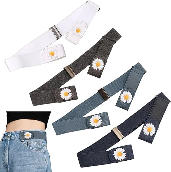 ست چهارتایی کمربند کشی بدون سگک تزویق، طرح گل آفتابگردان، طراحی نامرئی، مناسب برای انواع شلوار، سفید، آبی روشن، آبی تیره، خاکستری، سایز آزاد