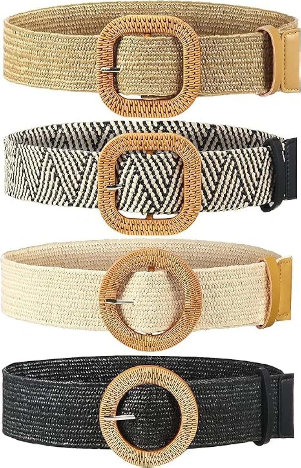 ست چهارتایی کمربند حصیری بافته شده کشسان تزویق، کمربند باریک حصیری با سگک برای بانوان، اکسسوری شیک و ساده برای تزئین کمر لباس و دامن