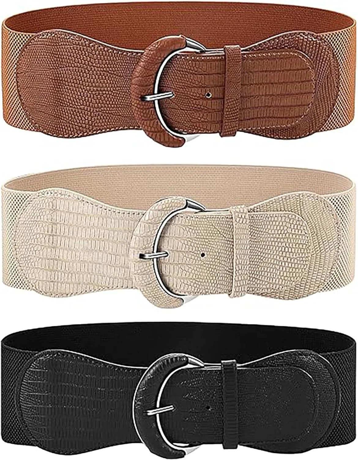 ست سه عددی کمربند زنانه Tazweeq برای شلوار جین و پیراهن، کمربند چرمی زنانه با سگک طلایی (مشکی، قهوه ای، بژ)