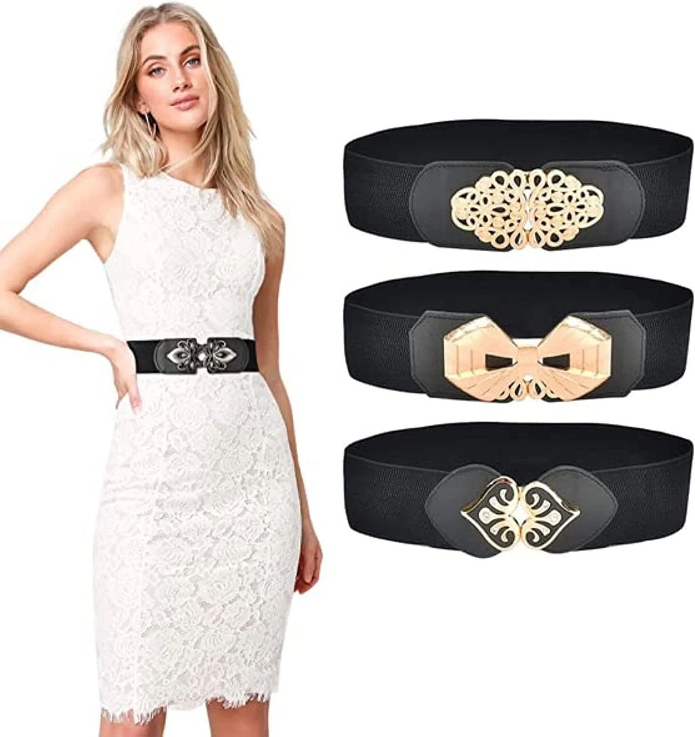 کمربند کشی زنانه SYOSI، ست 3 عددی کمربند چرمی زنانه برای شلوار جین، پیراهن، کمربند شلوار، کمربند پهن الاستیک کمر برای زنان، کمربند لباس شب، فرم دهنده منحنی، زیبا و شیک (مشکی و طلایی)