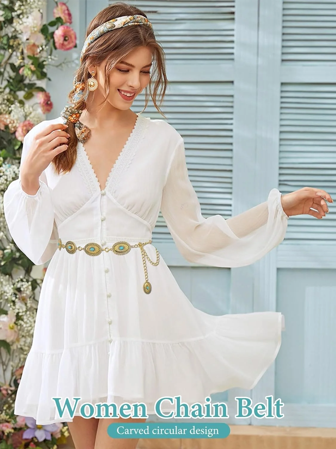 کمربند زنجیری فلزی کمر زنانه، کمربندهای فیروزه ای بوهمی وسترن برای لباس، شلوار جین، مناسب استایل کانتری
