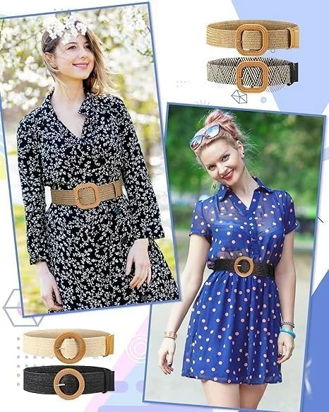 ست چهارتایی کمربند حصیری بافته شده کشسان تزویق، کمربند باریک حصیری با سگک برای بانوان، اکسسوری شیک و ساده برای تزئین کمر لباس و دامن