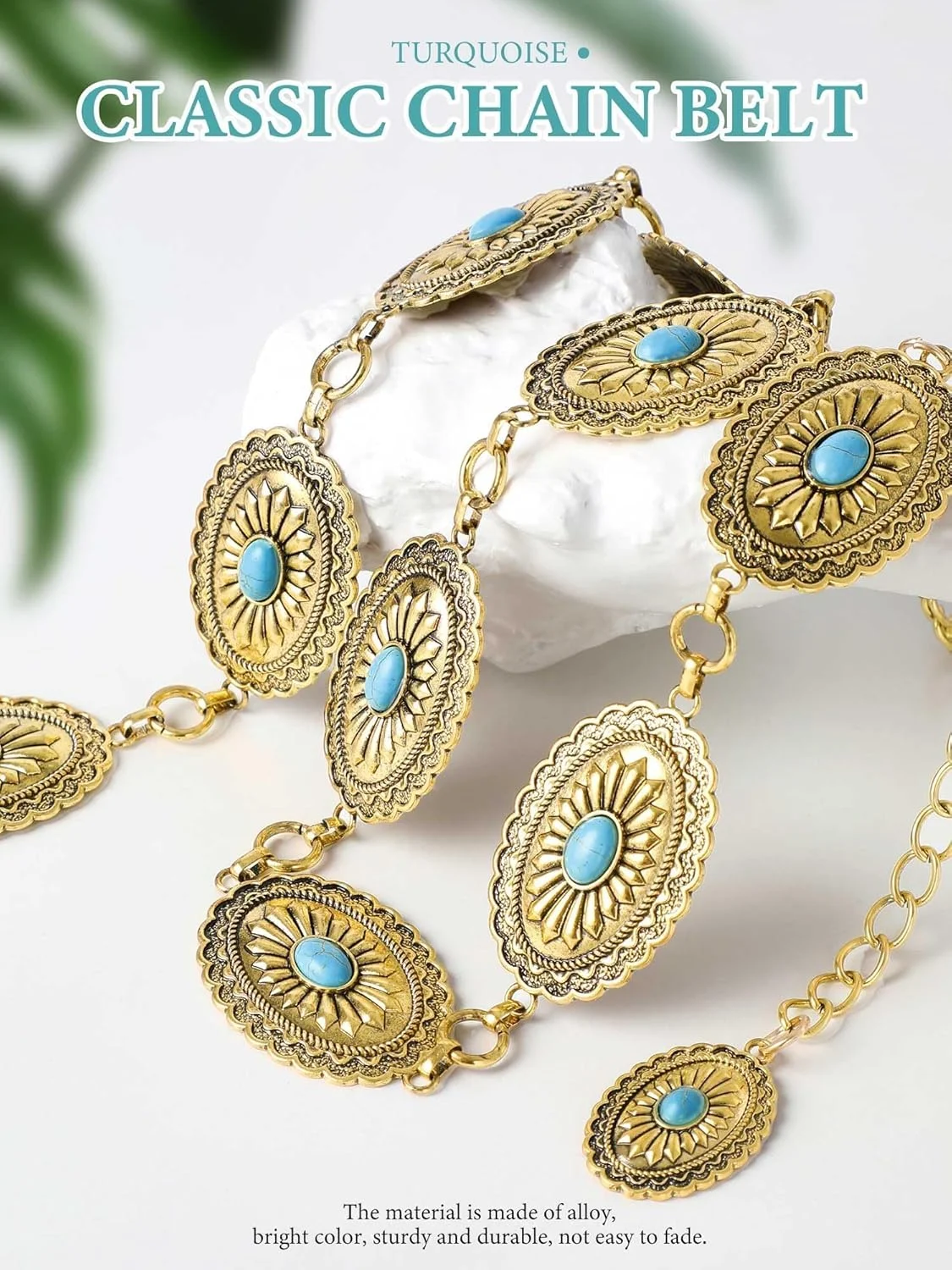کمربند زنجیری فلزی کمر زنانه، کمربندهای فیروزه ای بوهمی وسترن برای لباس، شلوار جین، مناسب استایل کانتری