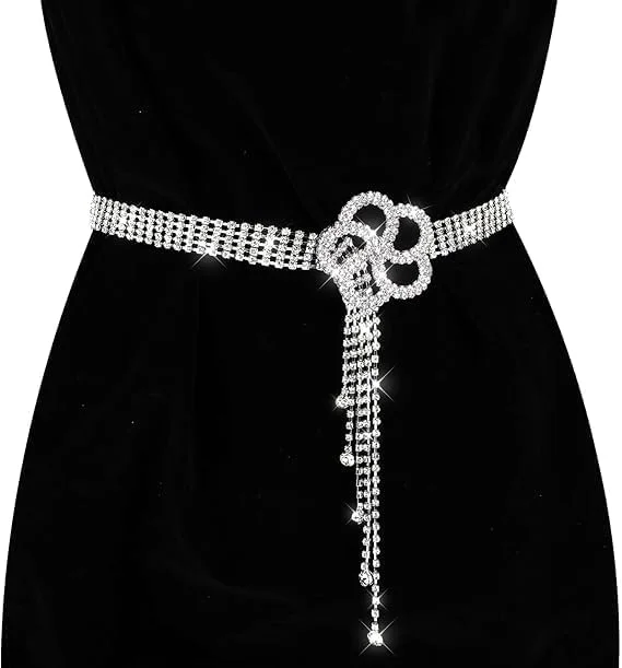 کمربند زنانه نگین دار درخشان - کمربند زنجیری کریستالی قابل تنظیم با سگک گل، کمربند نقره ای براق برای لباس، مهمانی و لباس شب